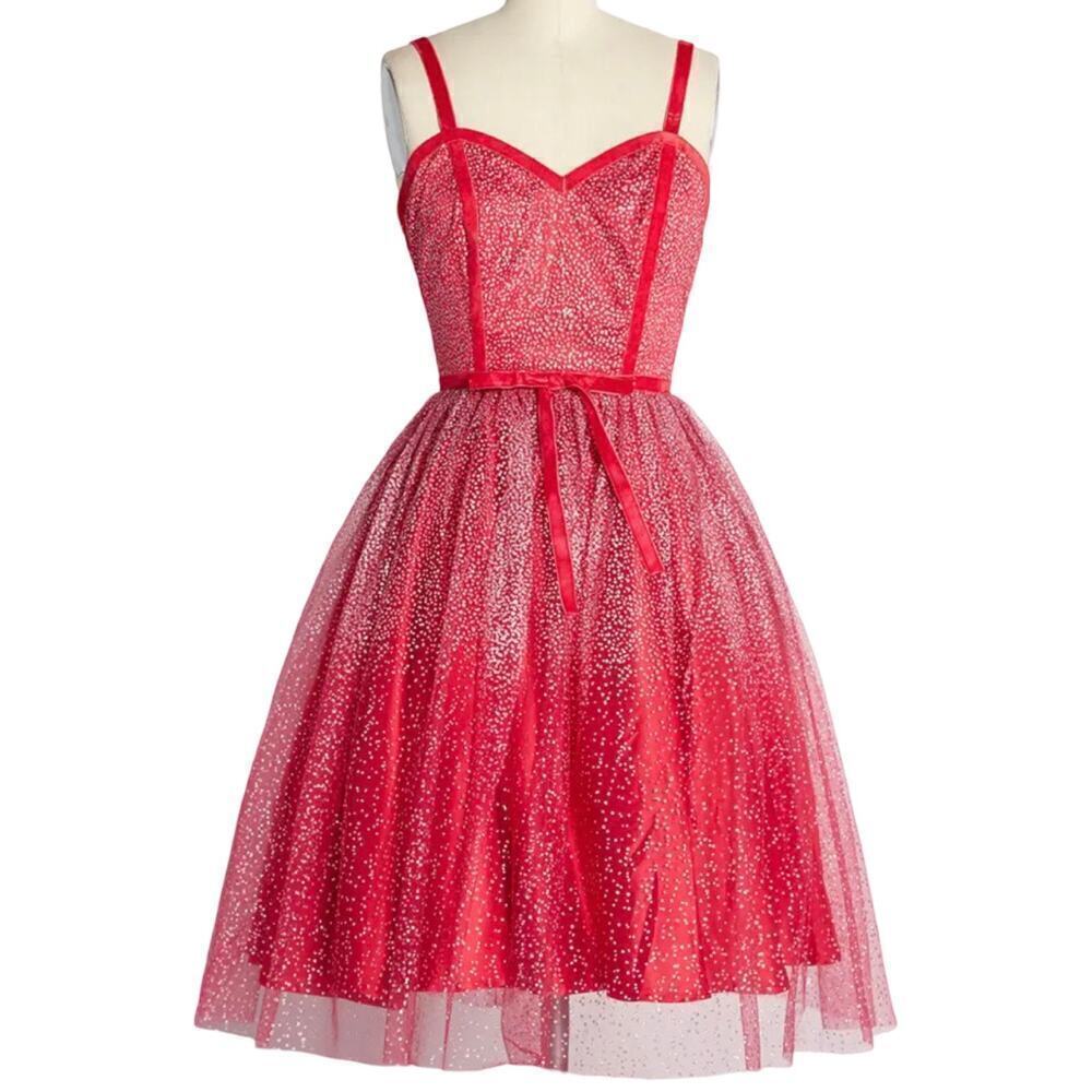 ModCloth Collectif Haute Holiday Party Swing Dress Size 6 Pink Tulle Glitter NEW